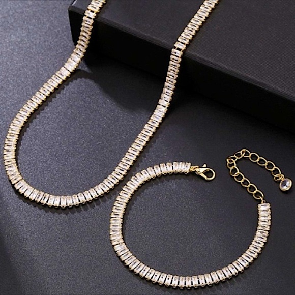 18K GOLD PLATED CRYSTAL CHOKER NECKLACE BRACELET SET - Picture 1 of 9